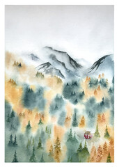 Hand drawn watercolor mountains and woods landscape.