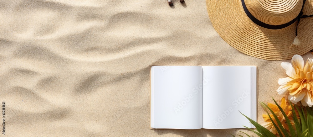 Poster a flat lay of a blank writing book with summer beach accessories in the background. copy space avail