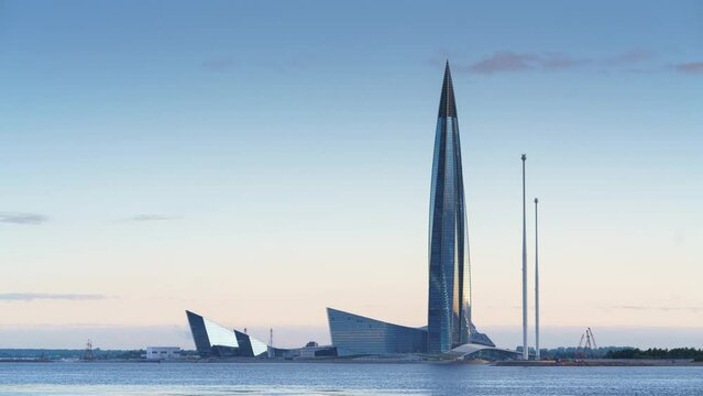 4k, Timelapse, Panoramic view of the skyscraper Lakhta Center from the Gulf of Finland, St. Petersburg, Russia