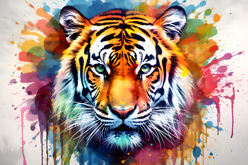 illustration of tiger amidst stains of watercolor paints