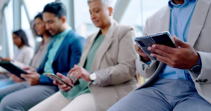 Hands, phone and business people in a row at work for communication, email or internet. Office, team and employees typing on tech for a chat, notification or planning on the web for an interview