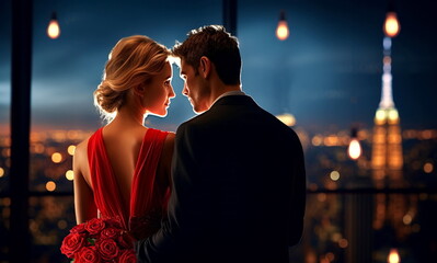 romantic couple blond woman in red dress and man watch night city buildings windows light,blurred light  on blue sky ,red roses, candle light  ,Valentine day wedding background  