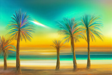 Fototapeta na wymiar A group of African palm trees against the backdrop of the azure sea. Artistic effect. Tourism and rest. AI-generated