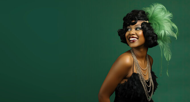 Festive 1920s African American Flapper on a Green Banner with Space for Copy	