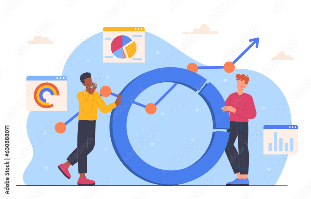 Poster team of analytics concepts. men with graphs and charts. data visualization and infographics. employe