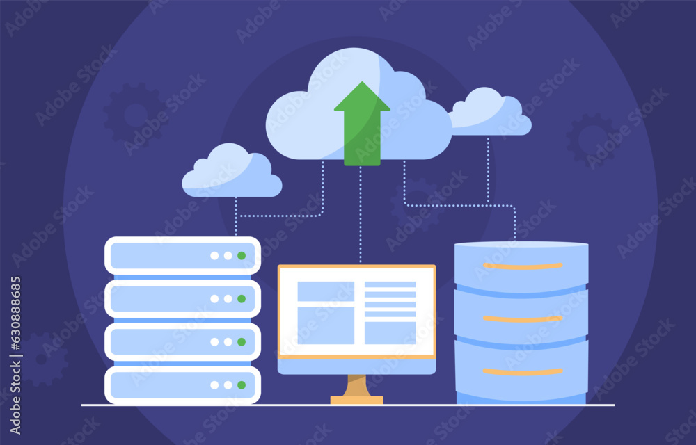 Poster cloud computing server concept. computer monitor near cloud storage and archive. uploading and downl