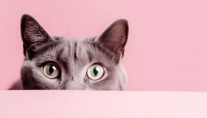 Grey cat peeking out behind a solid pink background. Generative ai