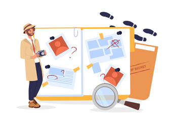 Detective and secret document concept. Man with magnifying glass near folder with information. Police officer investigating crime. Young guy with evidence. Cartoon flat vector illustration