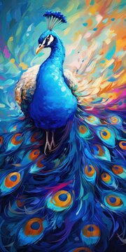 Peacock on oil painting of colorful artworks.