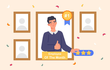 Employee of month concept. Reward and award for successful workers. Man with good reputation, ranknig and rating. Achievement and trophy, gold badge. Cartoon flat vector illustration