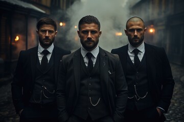 3 Man in stylish retro old-fashioned suit look like cool gangsters - obrazy, fototapety, plakaty