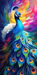 Fototapeta premium Peacock on oil painting of colorful artworks