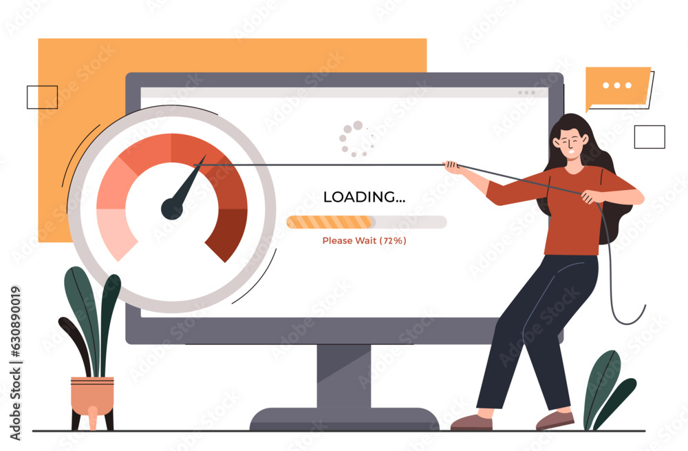 Poster woman with fast loading concept. upload and download of files. system, software or program update. y