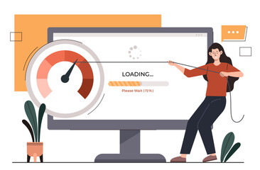 Woman with fast loading concept. Upload and download of files. System, software or program update. Young girl with progress bar. Internet and connection. Cartoon flat vector illustration