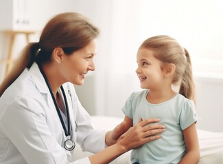 A nurse is looking at an older child with a stethoscope