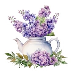 Watercolor teapot with flowers isolated