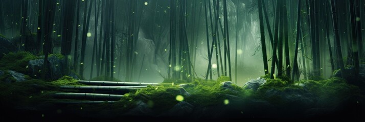 Bamboos, green trees, bamboo, in the style of blurred imagery