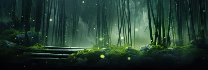 Foto op Plexiglas Bamboos, green trees, bamboo, in the style of blurred imagery © olegganko