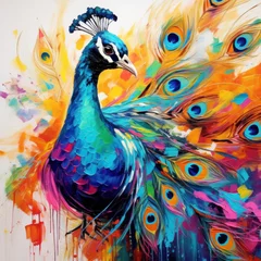 Foto auf Acrylglas Peacock on oil painting of colorful artworks © olegganko