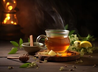 A cup of hot honey and sour green tea with spices
