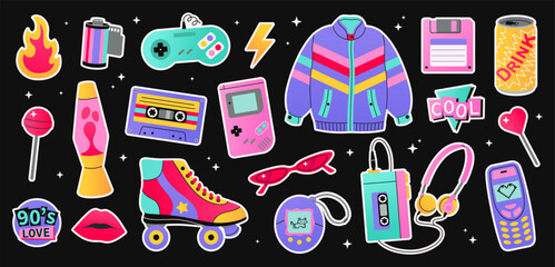 Set of trendy retro stickers classic 80s 90s elements. Cartoon flat style. Hand drawn vector illustration: jacket, lips, headphones, roller skate, cassette, camera. Fashion patch, badge, emblem.