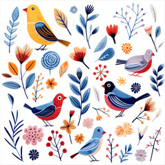 Bright birds, plants and flowers collection. Set of hand drawn birds and flowers in the traditional ethnic style.