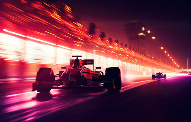 Fototapeta na wymiar Colourful neon race car on the race track, Formula 1 at night competing at high speed in motion blur, light trails 