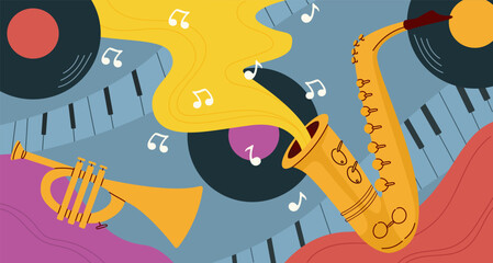 Jazz music concept. Saxophone and golden flute over vinyl record. Beautiful music and songs. Poster or banner for music festival. Creativity and art. Cartoon flat vector illustration