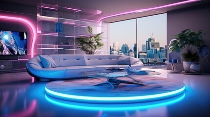 Obraz na płótnie Canvas Futuristic interior living room with connected devices and holographic effects, surrounded by bright lights and neons. Generative AI
