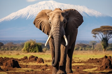Fototapeta na wymiar African elephant with Mount Kilimanjaro in the background