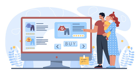 Family with shopping online concept. Man and woman with toddler choose goods on internet. Electronic commerce and marketing. Logistics and home delivery. Cartoon flat vector illustration