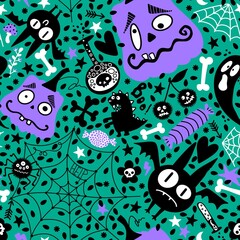 Naklejka premium Halloween cartoon pumpkins seamless bat and ghost and candy and web pattern for wrapping paper and fabrics
