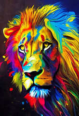 The head of a lion painted in the style of splashes and strokes of multi-colored paint. Close-up. AI-generated