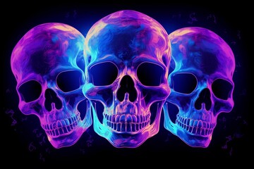 negative neon skulls purple yellow blue, black background - obrazy, fototapety, plakaty