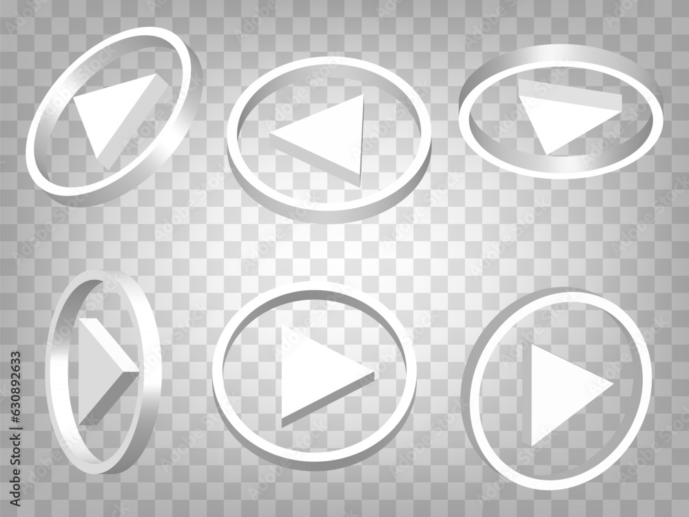 Poster set of 3d play sign on transparent background. play sign 3d icon illustration with different views a