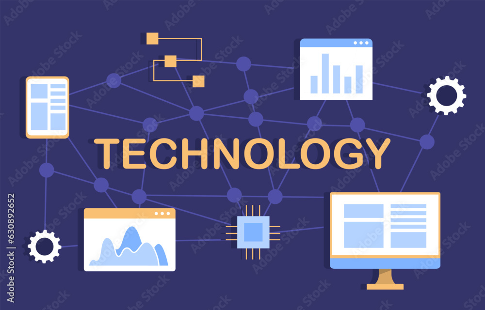 Poster technology and devices concept. computer, smartphone and chips. graphs and diagrams. synchronization