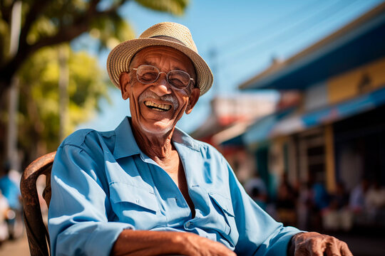 idoso de Chapéu na rua sentado 