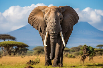 Fototapeta na wymiar African elephant on savannah with Mount Kilimanjaro in the background
