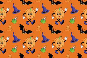 Picture concept Happy modern Halloween in retro cartoon style with pumpkin. Elements pumpkin, bat, potion. Vector illustration.