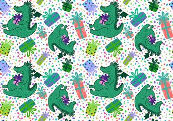 Obraz premium New year dragon seamless cartoon Christmas dinosaur pattern for wrapping paper and kids clothes print