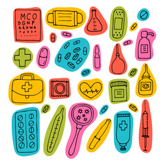 Hand drawn medicine icons. Health care, pharmacy, first aid. Outline design. Doodle style