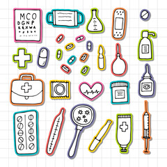 Hand drawn medicine icons. Health care, pharmacy, first aid. Outline design. Doodle style. Stickers