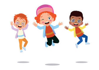 Fototapeta premium Jumping kids. Happy funny children playing and jumping in different action poses education little team vector characters. Illustration of kids and children fun and smile