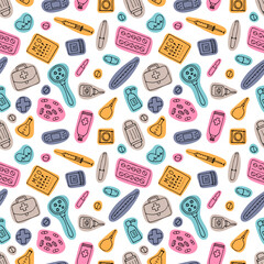 Health care seamless pattern. Hand drawn medicine elements. Pharmacy, medical background