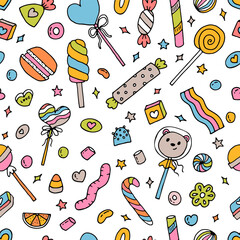 Seamless doodle pattern with candies, sweets and lollipops. Hand drawn background. Great for fabric, textile, wrapping paper