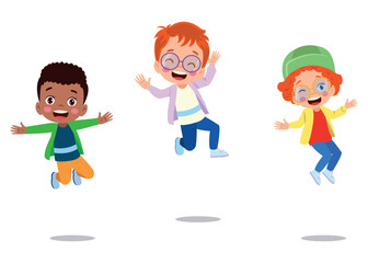 Jumping kids. Happy funny children playing and jumping in different action poses education little team vector characters. Illustration of kids and children fun and smile