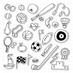 Set of hand drawn sport elements. Sport equipments icons collection. Fitness, healthy lifestyle. Stickers