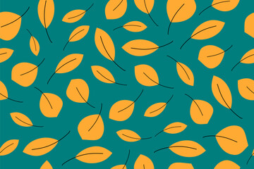 Seamless pattern with an yellow autumn leaves on blue background. Art texture for your decor or artwork.