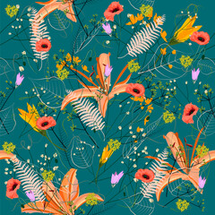 Floral seamless pattern with poppies, ferns, lilies and monstera deliciosa leaves on blue teal background. Vector illustration.