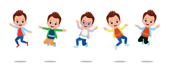 Jumping kids. Happy funny children playing and jumping in different action poses education little team vector characters. Illustration of kids and children fun and smile